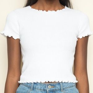Brandy Melville White Ribbed Ruffle Shirt